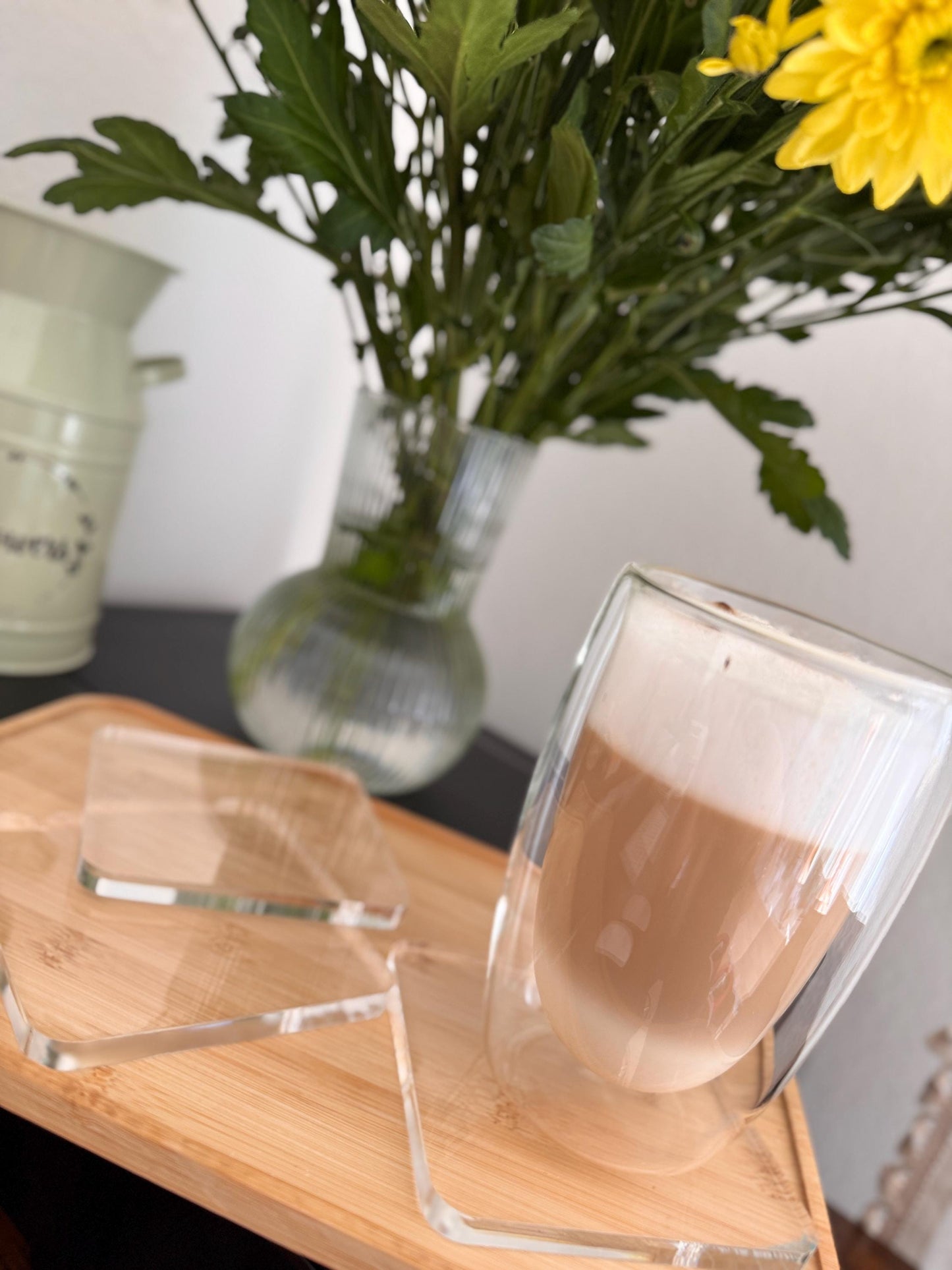 Clear coasters for coffee or other drinks. Set of 4 coasters. decanter stand