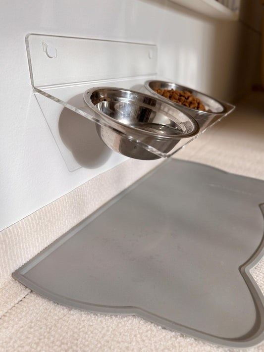 Acrylic Tilted Double Pet Bowl Shelf 75. Wall Mounted Feeder. Dual Cat Bowls. Clear Floating Shelf. Drill or Adhesive Mount