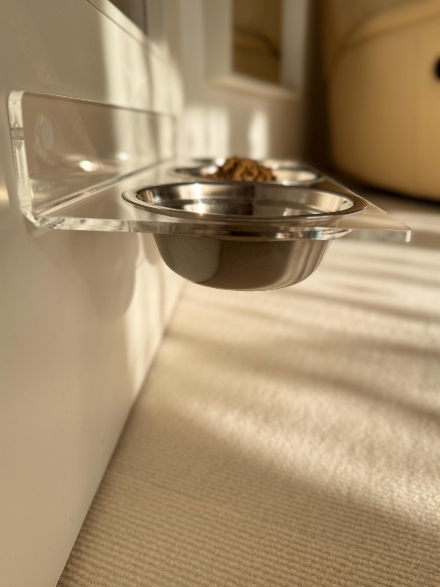 Acrylic Triple Pet Bowl Shelf . 90 Wall Mounted Feeder. 3 Cat Bowls. Clear Floating Shelf. Modern Pet Furniture. Drill or Adhesive Mount