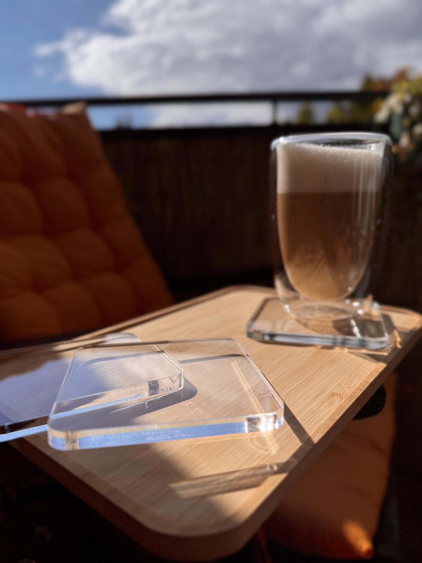 Clear coasters for coffee or other drinks. Set of 4 coasters. decanter stand