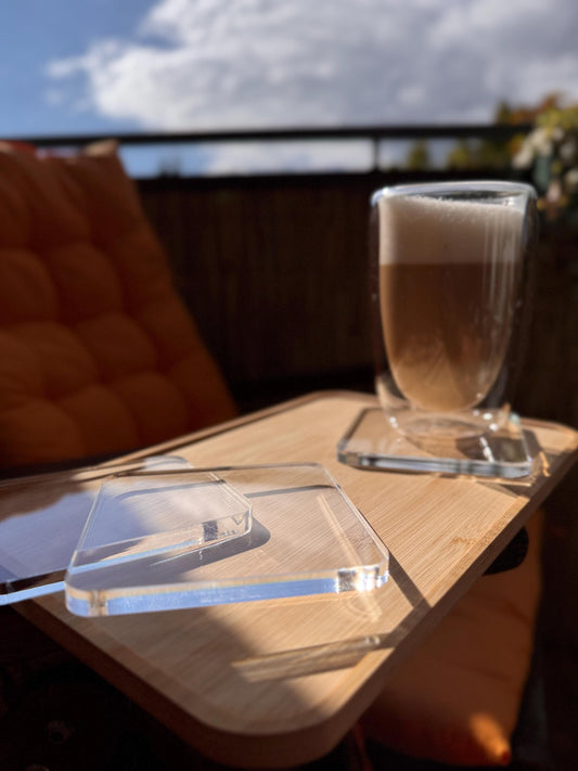 Clear coasters for coffee or other drinks. Set of 4 coasters. decanter stand