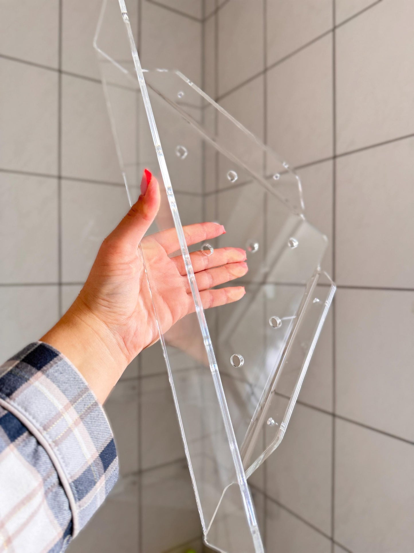 Set of Large Acrylic Corner Shower Shelves No Drill Transparent Adhesive Bathroom Storage for Tile Walls. 3 pcs.