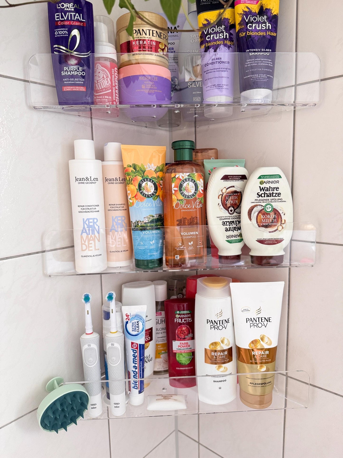 Set of Large Acrylic Corner Shower Shelves No Drill Transparent Adhesive Bathroom Storage for Tile Walls. 3 pcs.