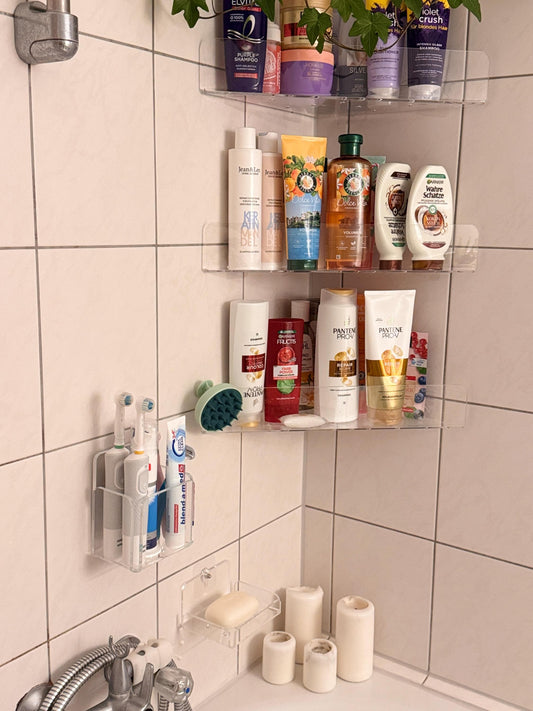 No-Drill Bathroom Set of 5 – 3 Large Corner Shower Shelves + Soap Dish + Toothbrush and Razor Holder Strong Adhesive Storage