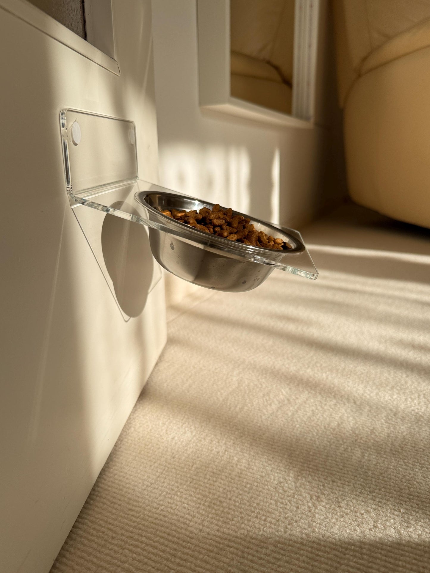 Acrylic Tilted Pet Bowl Shelf 75.  Wall Mounted Elevated Feeder. Clear Cat Bowl Shelf. Drill or Adhesive Mount. Minimalist Pet Furniture