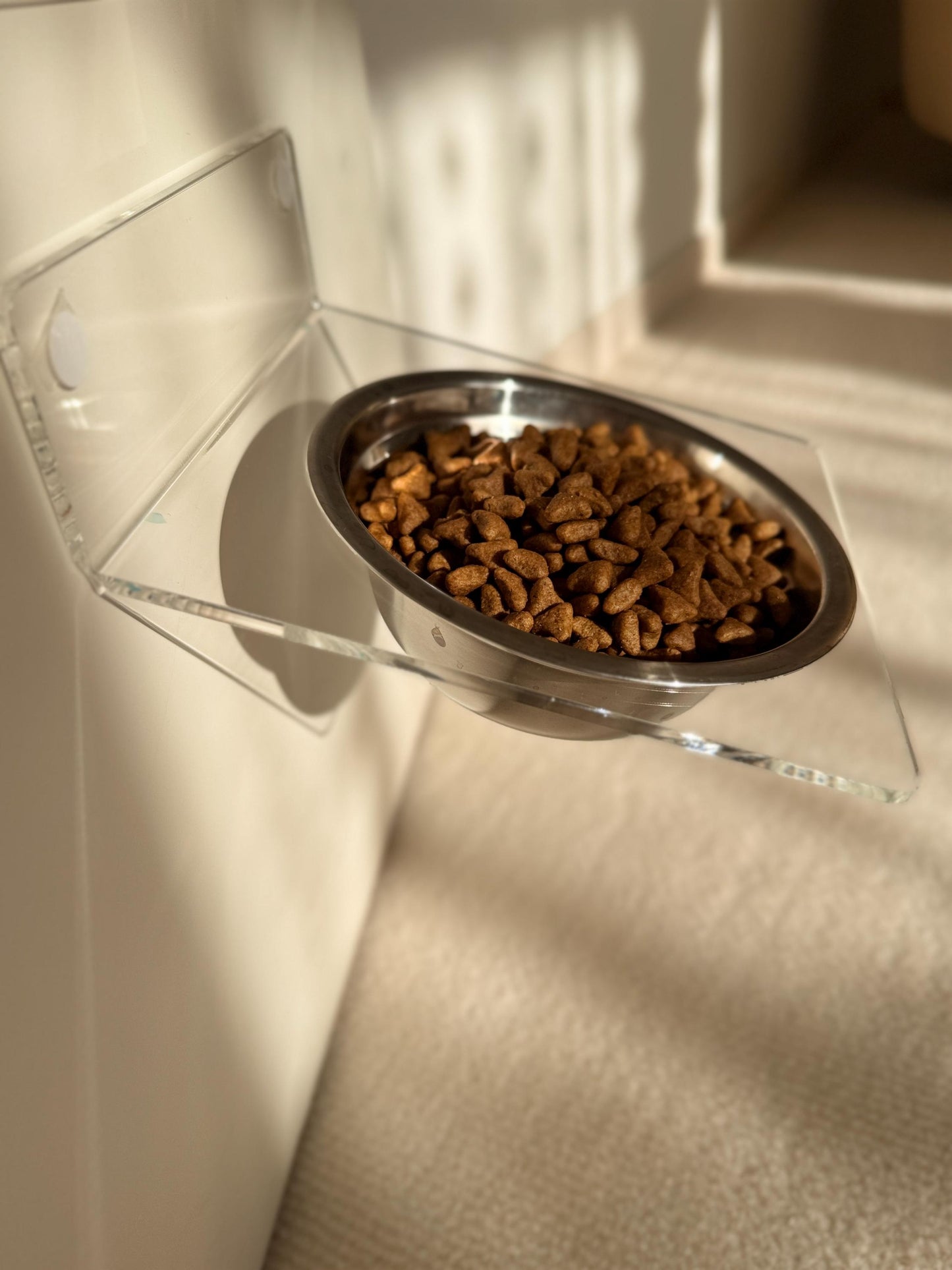 Acrylic Tilted Pet Bowl Shelf 75.  Wall Mounted Elevated Feeder. Clear Cat Bowl Shelf. Drill or Adhesive Mount. Minimalist Pet Furniture