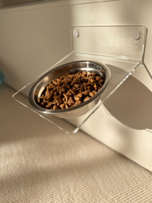 Acrylic Tilted Pet Bowl Shelf 75.  Wall Mounted Elevated Feeder. Clear Cat Bowl Shelf. Drill or Adhesive Mount. Minimalist Pet Furniture