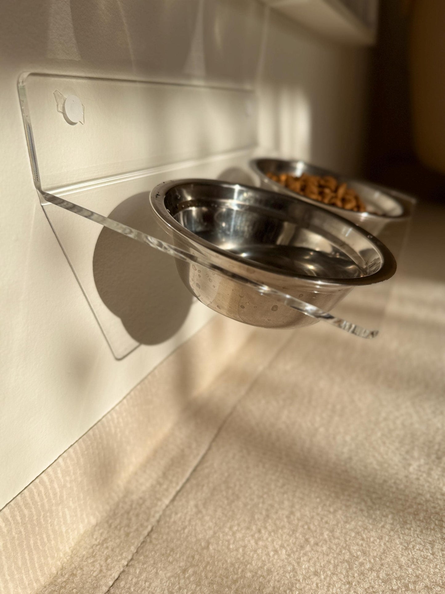 Acrylic Tilted Double Pet Bowl Shelf 75. Wall Mounted Feeder. Dual Cat Bowls. Clear Floating Shelf. Drill or Adhesive Mount
