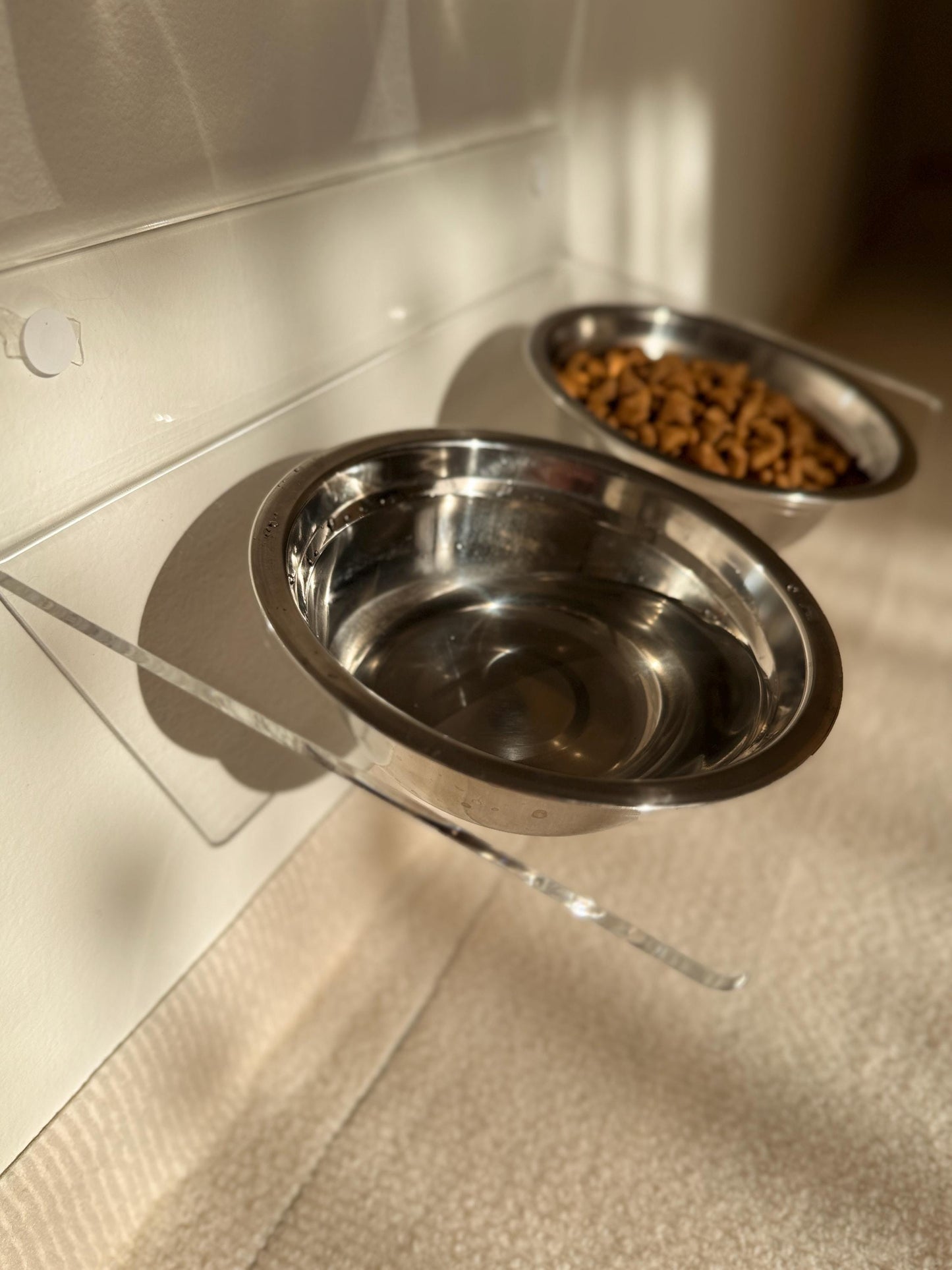 Acrylic Tilted Double Pet Bowl Shelf 75. Wall Mounted Feeder. Dual Cat Bowls. Clear Floating Shelf. Drill or Adhesive Mount