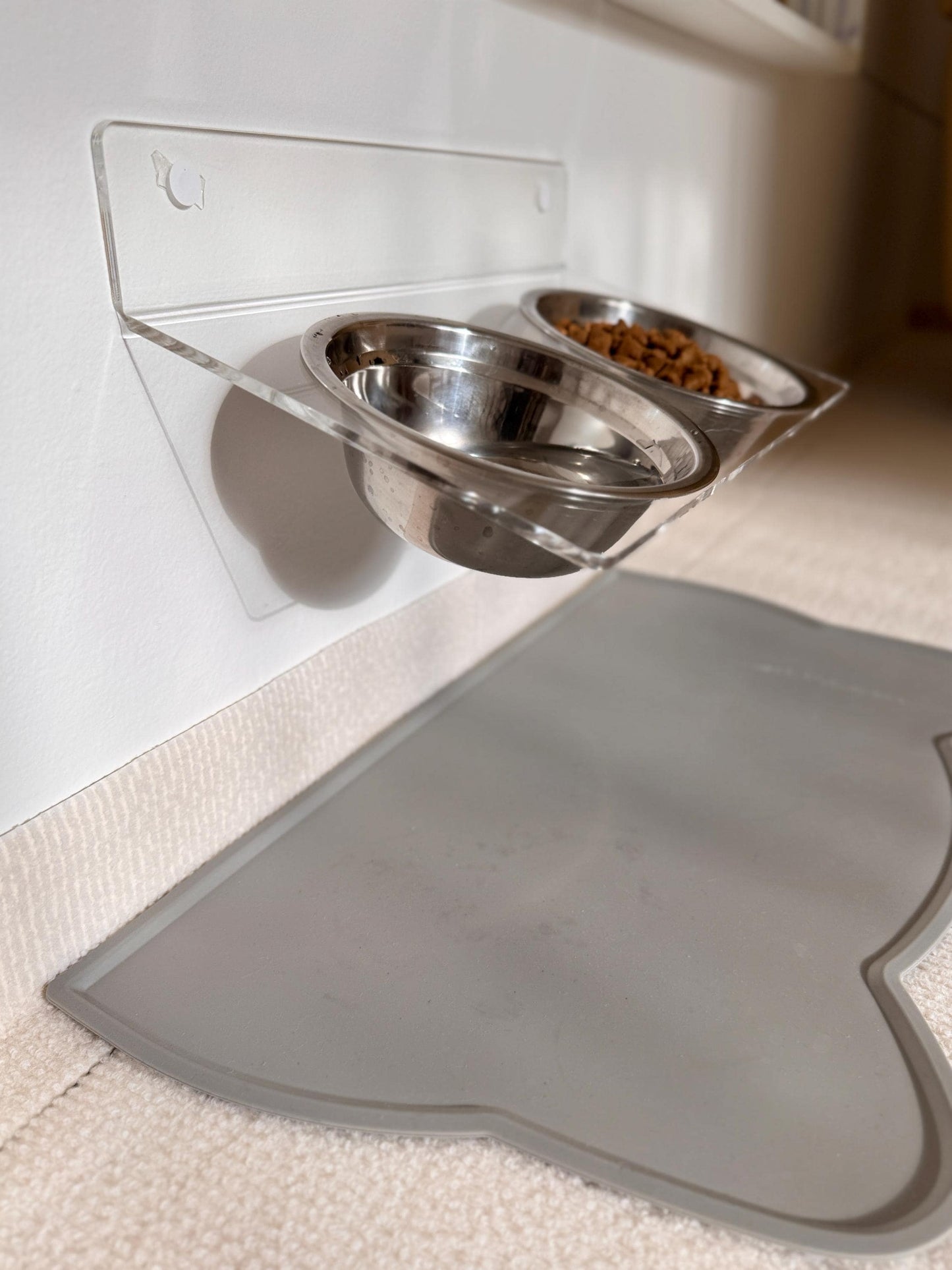 Acrylic Tilted Double Pet Bowl Shelf 75. Wall Mounted Feeder. Dual Cat Bowls. Clear Floating Shelf. Drill or Adhesive Mount