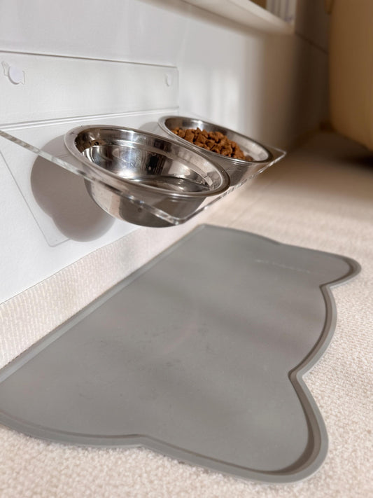 Acrylic Tilted Double Pet Bowl Shelf 75. Wall Mounted Feeder. Dual Cat Bowls. Clear Floating Shelf. Drill or Adhesive Mount