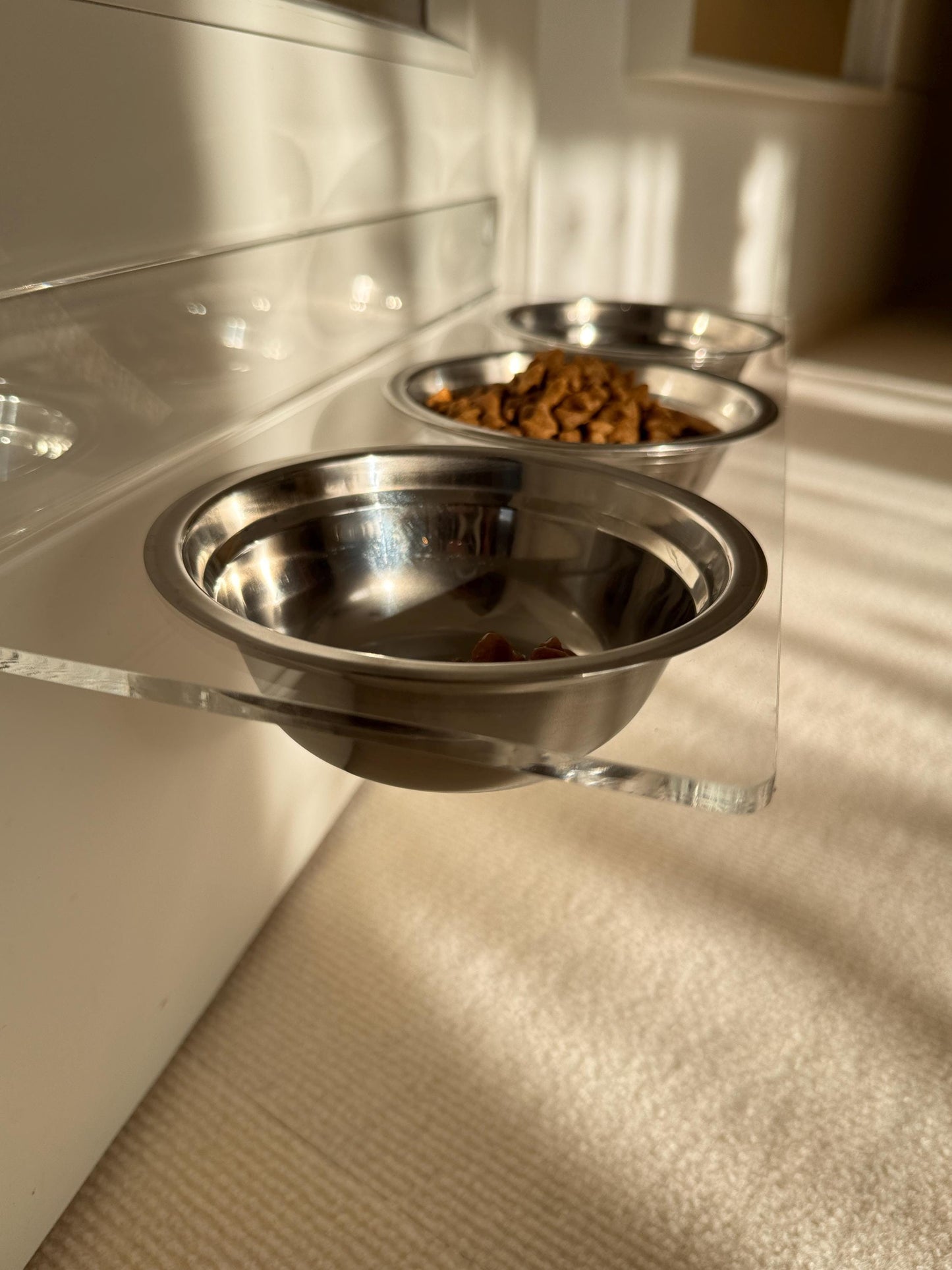 Acrylic Triple Pet Bowl Shelf . 90 Wall Mounted Feeder. 3 Cat Bowls. Clear Floating Shelf. Modern Pet Furniture. Drill or Adhesive Mount