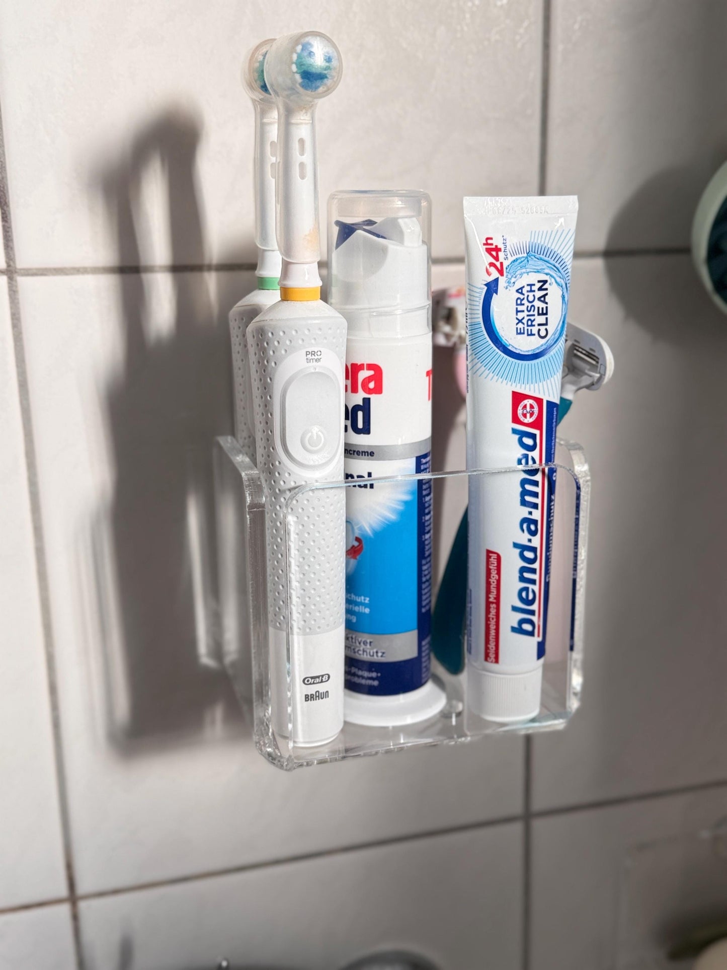 No Drill Bathroom Shelf for Toothbrushes, Razors und Combs Adhesive Wall Organizer for Tile, Shower Storage Rack