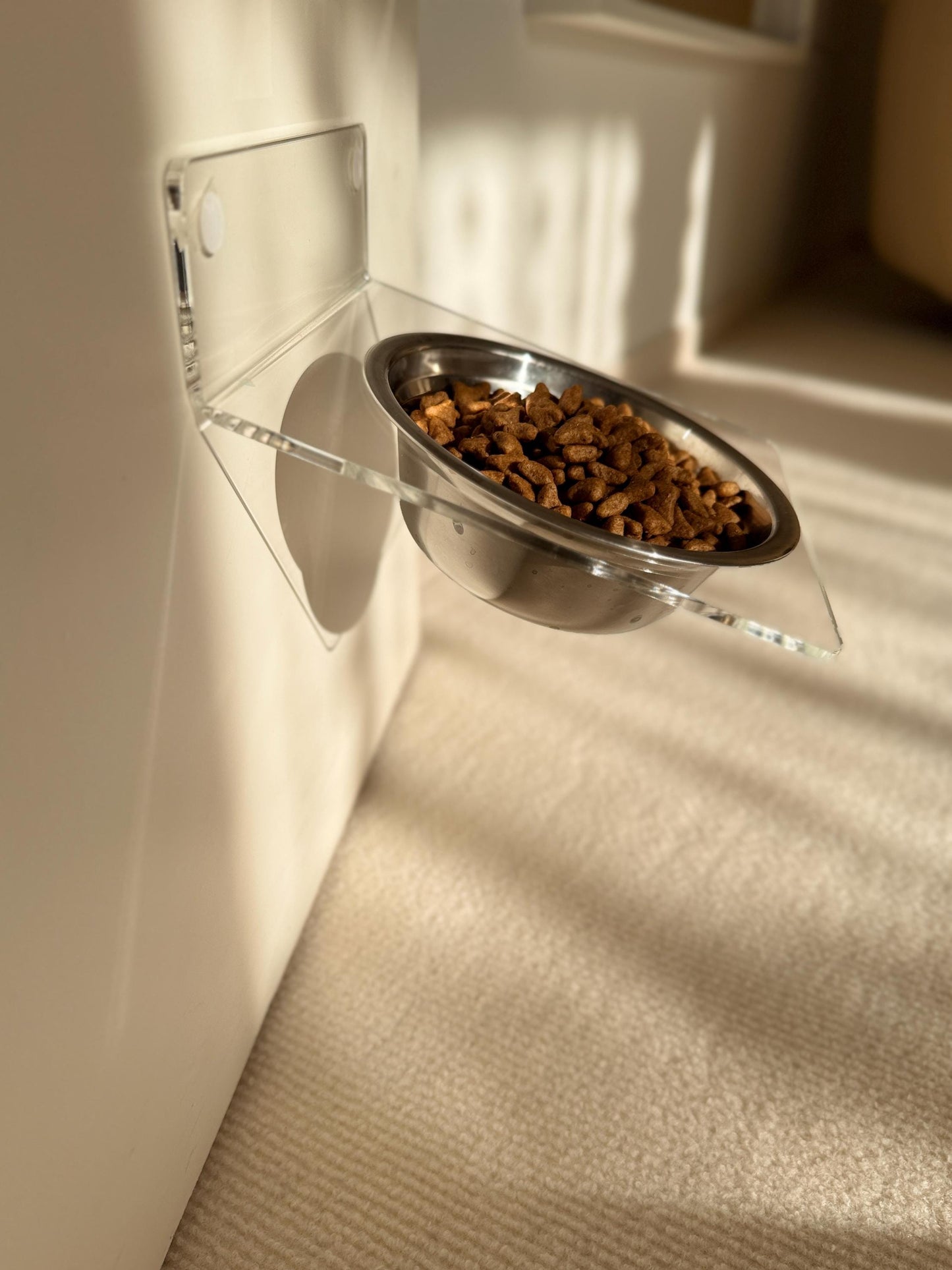 Acrylic Tilted Pet Bowl Shelf 75.  Wall Mounted Elevated Feeder. Clear Cat Bowl Shelf. Drill or Adhesive Mount. Minimalist Pet Furniture