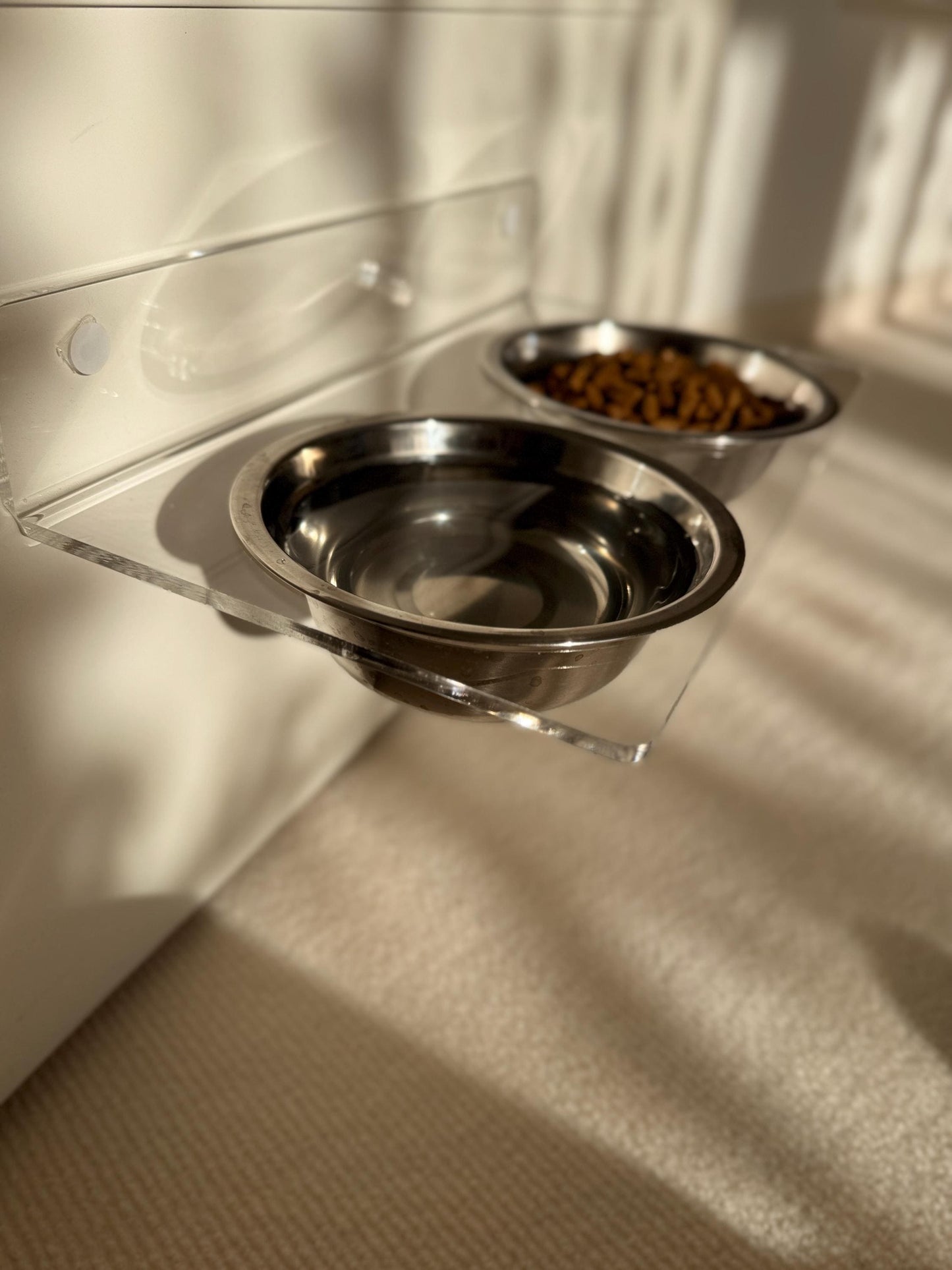 Acrylic Double Pet Bowl Shelf. Wall Mounted Elevated Feeder 90. Dual Cat Bowls. Clear Floating Shelf. Drill or Adhesive Mount