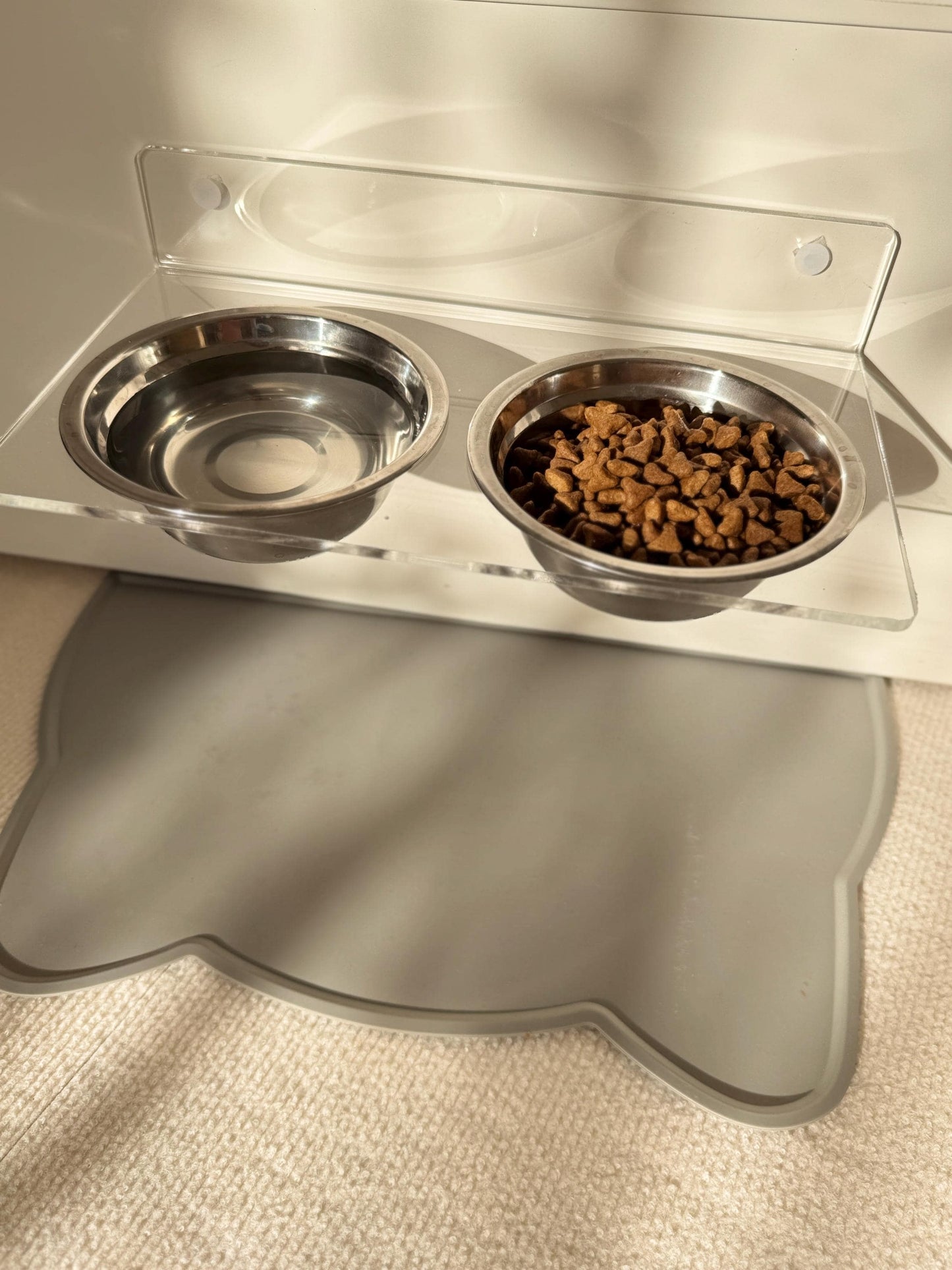 Acrylic Double Pet Bowl Shelf. Wall Mounted Elevated Feeder 90. Dual Cat Bowls. Clear Floating Shelf. Drill or Adhesive Mount