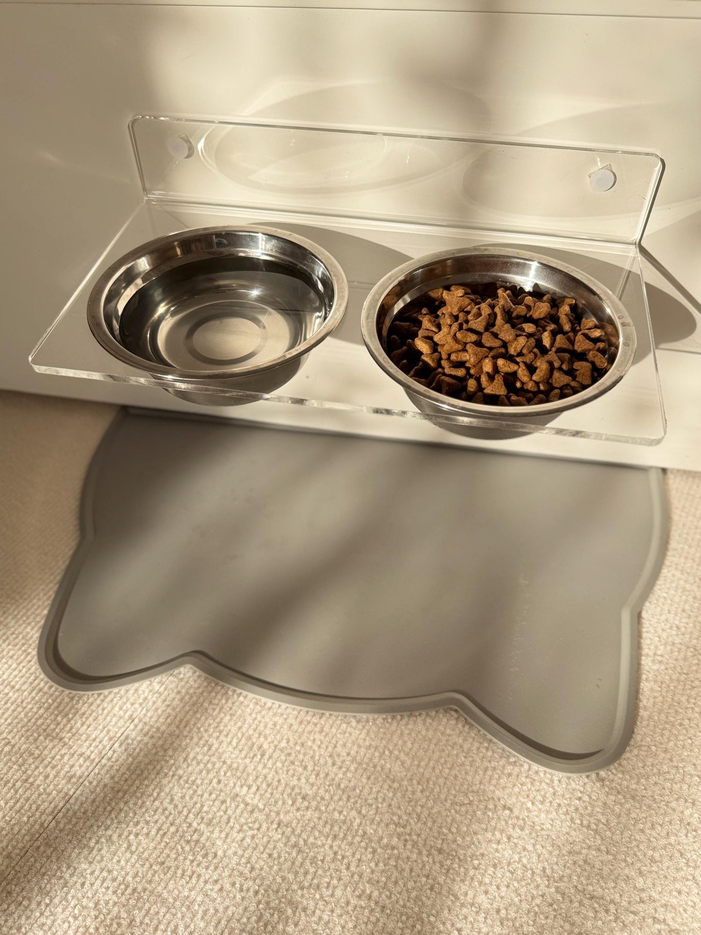 Acrylic Double Pet Bowl Shelf. Wall Mounted Elevated Feeder 90. Dual Cat Bowls. Clear Floating Shelf. Drill or Adhesive Mount