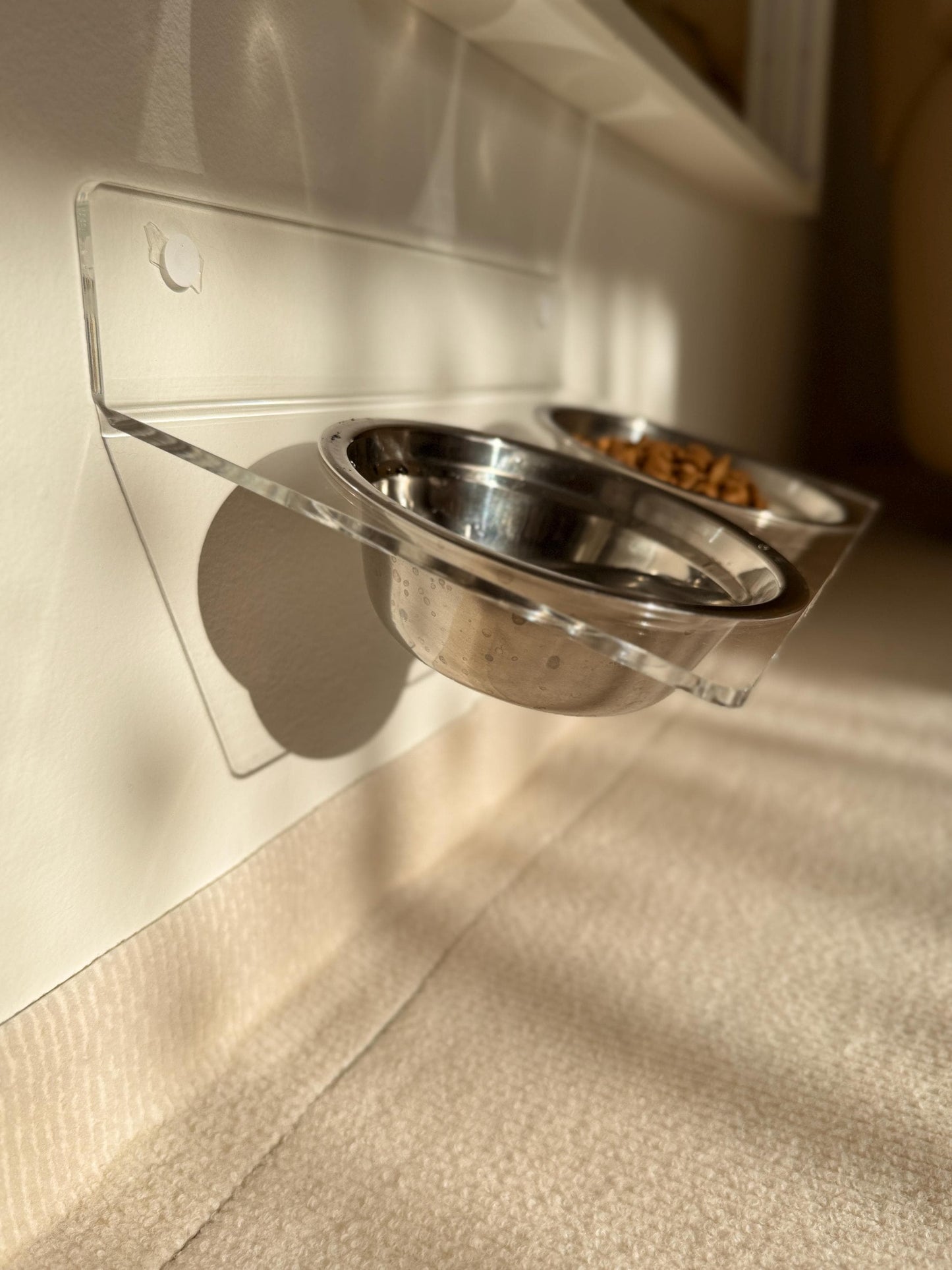 Acrylic Tilted Double Pet Bowl Shelf 75. Wall Mounted Feeder. Dual Cat Bowls. Clear Floating Shelf. Drill or Adhesive Mount