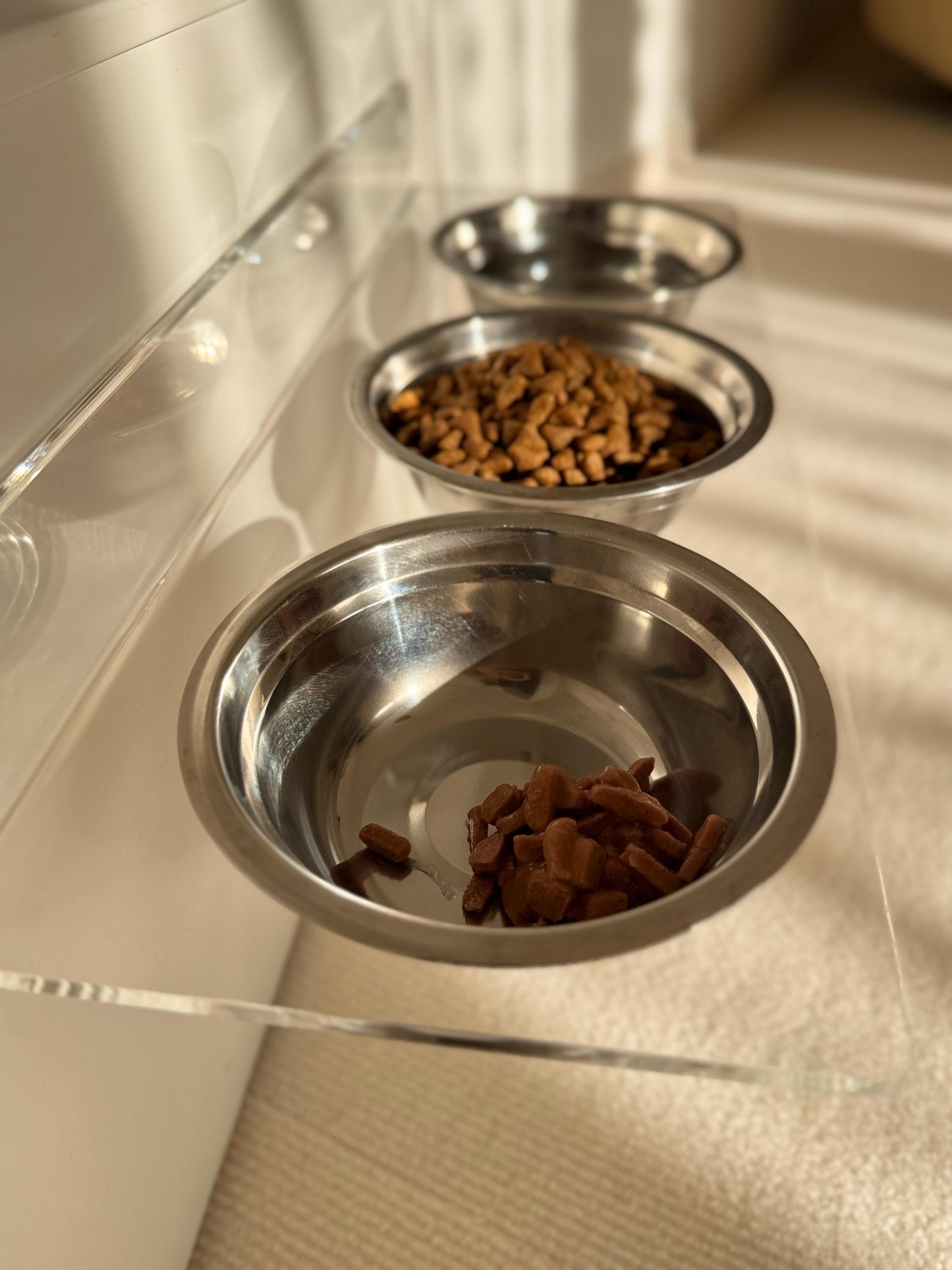 Acrylic Triple Pet Bowl Shelf . 90 Wall Mounted Feeder. 3 Cat Bowls. Clear Floating Shelf. Modern Pet Furniture. Drill or Adhesive Mount