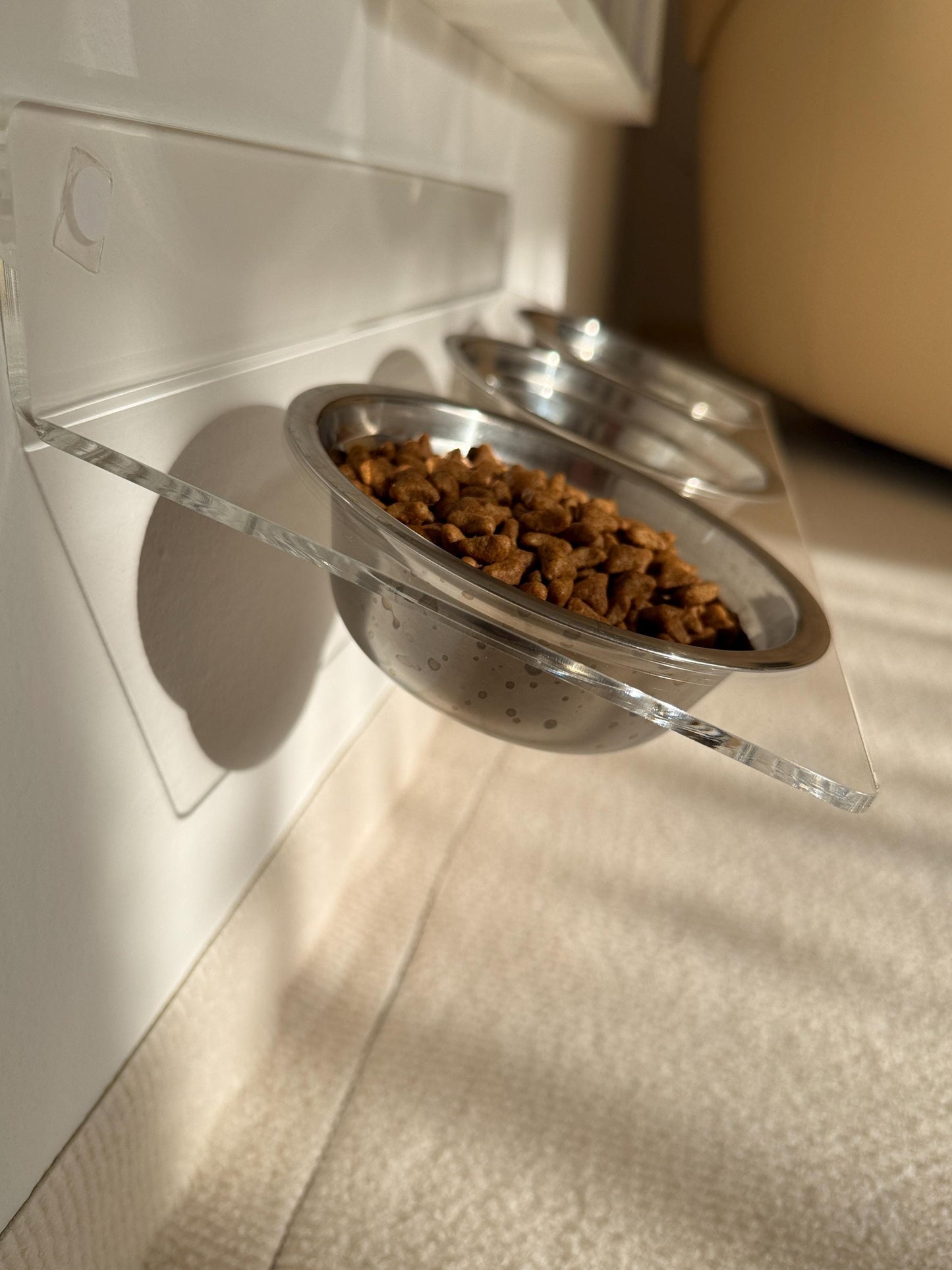 Acrylic Tilted Triple Pet Bowl Shelf 75. Wall Mounted Feeder. 3 Cat Bowls. Clear Floating Shelf. Modern Pet Furniture. Drill or Adhesive