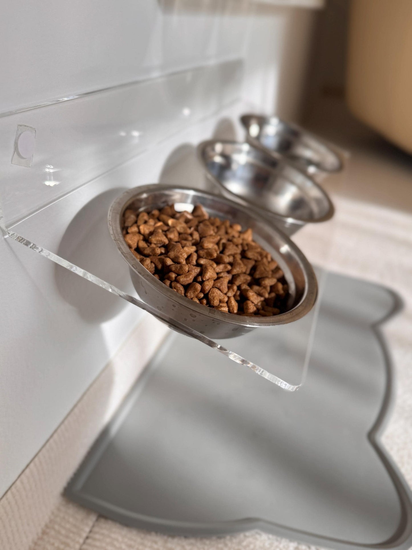 Acrylic Tilted Triple Pet Bowl Shelf 75. Wall Mounted Feeder. 3 Cat Bowls. Clear Floating Shelf. Modern Pet Furniture. Drill or Adhesive