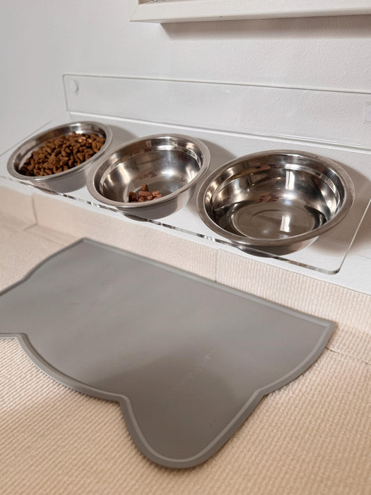 Acrylic Tilted Triple Pet Bowl Shelf 75. Wall Mounted Feeder. 3 Cat Bowls. Clear Floating Shelf. Modern Pet Furniture. Drill or Adhesive